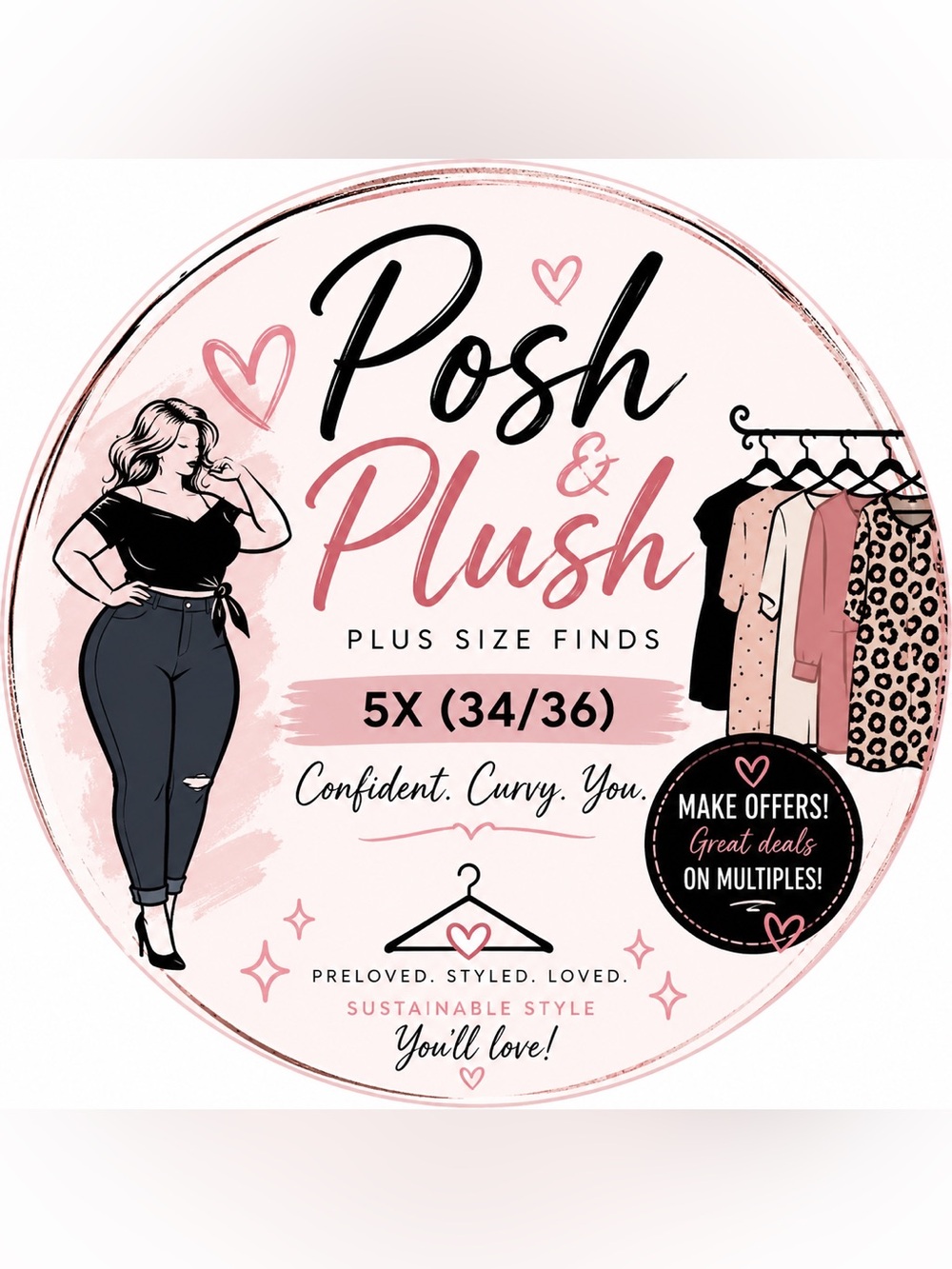 Plus size women’s size 5X (34/36) in my closet with more coming. Send me offers.